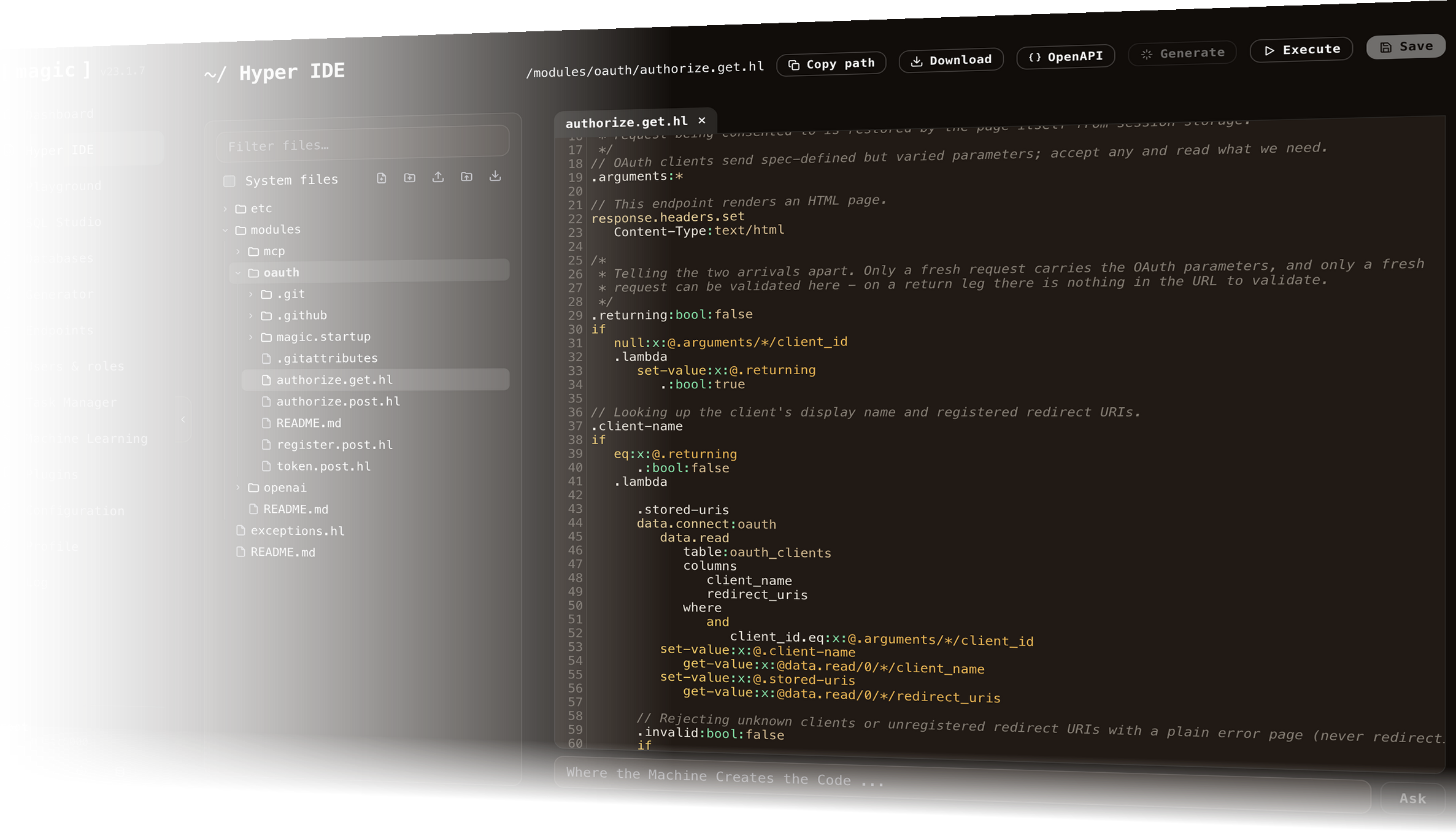 Hyper IDE on a Magic Cloudlet — a generated Hyperlambda OAuth endpoint open in the editor