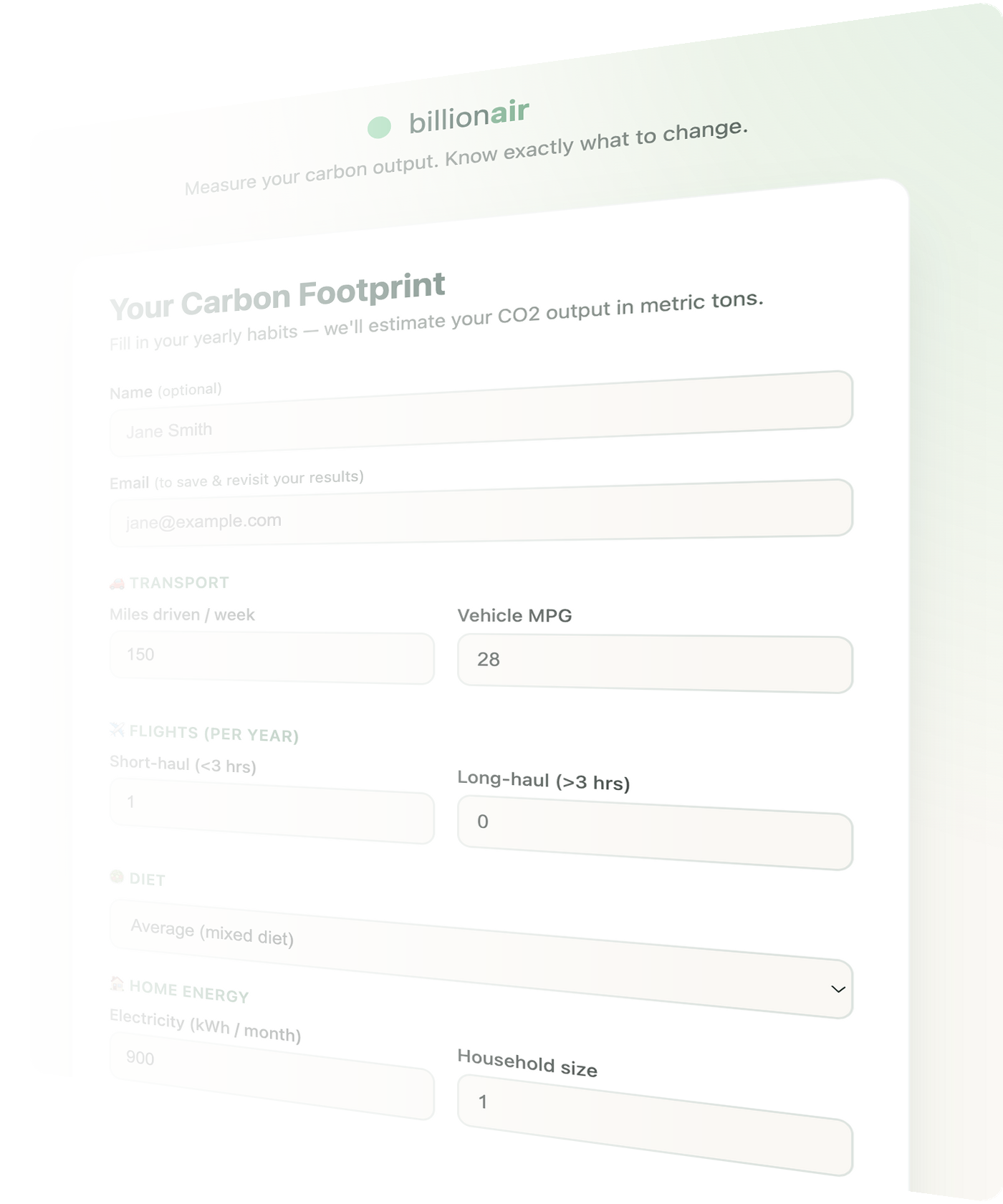 A carbon footprint calculator built on a Magic Cloudlet, collecting name, email, transport, flights, diet and home energy inputs
